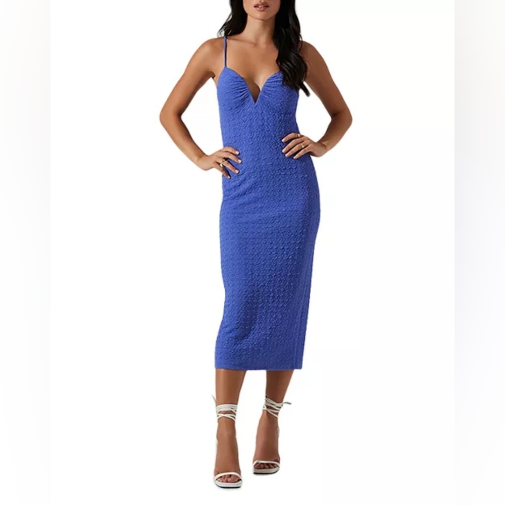 Astr Cobalt Blue Textured Midi Dress with Spaghetti Straps